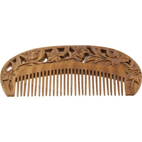 Lily Flowers Engraved Handcraft Hair Comb Sandalwood Fine Tooth Comb - No Static Natural Aroma Wood Comb for Women and Girls