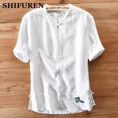SHIFUREN New Summer Men Causal Shirts Breathable 100% Linen Shirts Short Sleeve Chinese Style Mandarin Collar Big Size M-XXXL