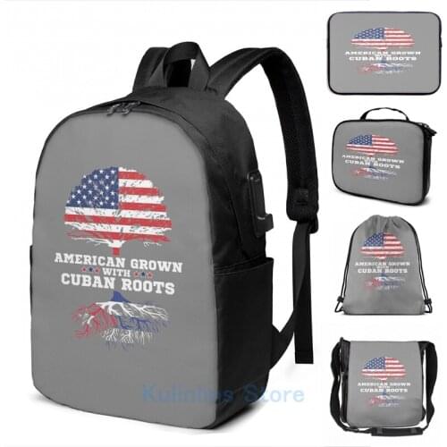 Graphic print Cuban American Gift American Grown With Cuba Roots USB Charge Backpack men School bags Women bag Travel laptop bag