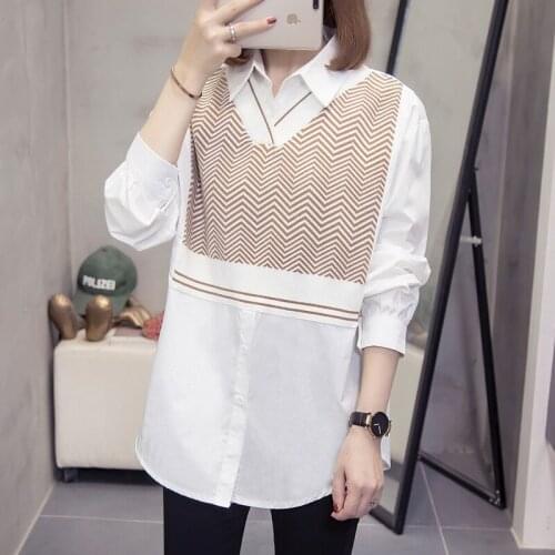False Two Piece Knitted Stitch Shirts Woman Feminina WomenS Vintage Long Sleeve Top Blouse Fashion Clothes 2020 Female D0273