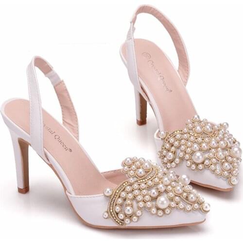 Crystal Queen Women Pumps 10CM High Heels Lace Pearl Elegant Heeled Sexy Pointed Slingbacks Wedding Party Dress Courtesy Shoes