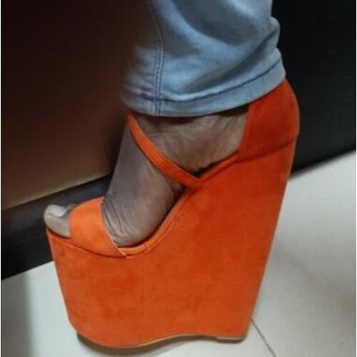 SHOFOO shoes,Elegant womens sandals, suede, about 20 cm slope heel sandals, heightening sandals, banquet womens shoes