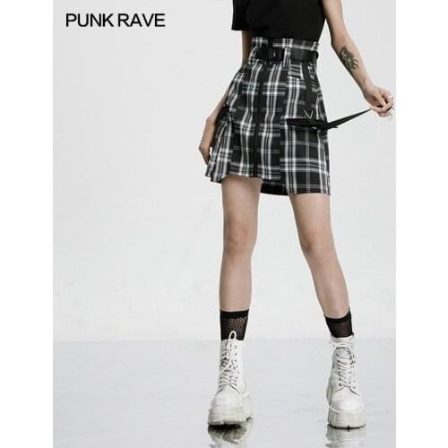 PUNK RAVE Womens Punk Style Handsome A-line High Waist Skirt Asymmetrical Fake Pocket Collect Waist Plaid Girl Short Skirts