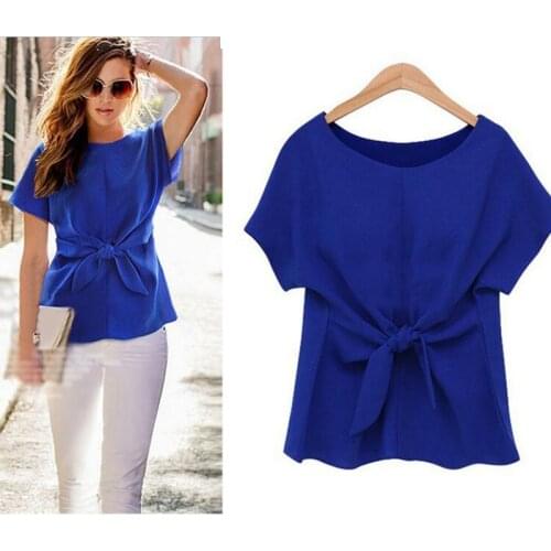 Women Summer Blouse 2020 New Fashion Front Bow Tie O-Neck Short Sleeve Pure Color Top Casual White Pink Blue Shirt Plus Size