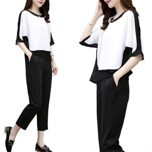 Womens 2021 Summer New Sportswear Round Neck T-Shirt 2PCS Casual Pants Suit Lady Two-Piece Female Single/Set Plus Size 5XL 660