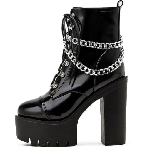 Spring 2021 new womens boots round toe waterproof platform patent leather chain lace zipper thick heel high heel short boots
