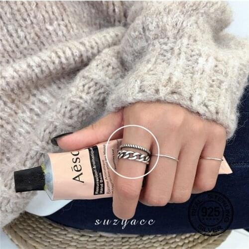 S925 Silver Rings For Women Opening Adjustable Double Tank Chain Cute Punk Retro Design Geometric Korean Fashion Jewelry INEFFA