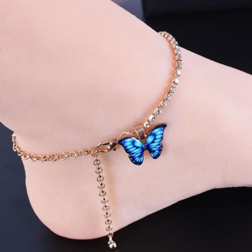 Women Fashion Butterfly Drop Rhinestones Inlaid Chain Anklet Foot Bracelet Gift Summer Ocean Beach Ankle Bracelet Leg Jewelry