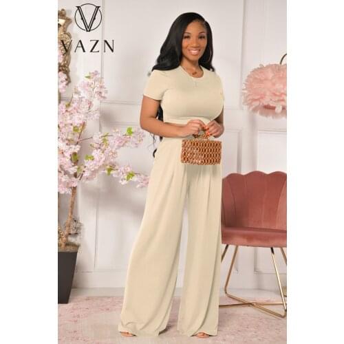 VAZN 2021 High-end Overalls Solid Young Chiffon Set Sweet Short Sleeve Top High Waist Long Wide Leg Pants Women 2 Piece Set