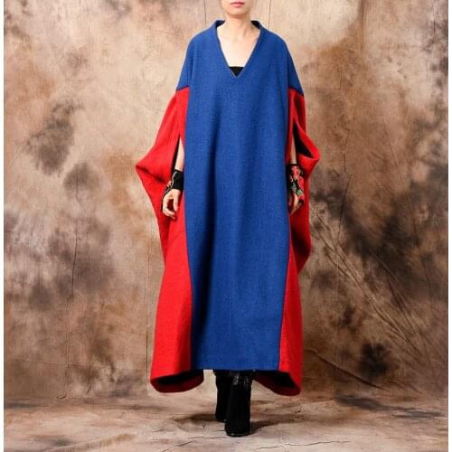 Women Plus SIze Patchwork Gown Dress Ladies Oversize Bat Sleeved Embroidered Robe Dress Female Woollen Big Size Loose Dresses