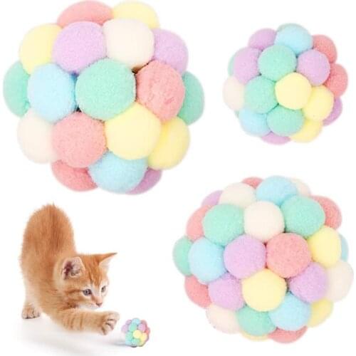 3PCS Colorful Cat Balls with Bell Training Playing Chewing Plush Ball Cats Interactive Toys for Kitten Indoor Outdoor