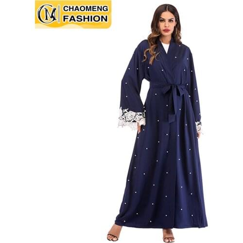 Arabic Dubai Abaya Kimono Hijab Muslim For Women Beading Pearl Lace Robe Marocain Kaftan Turkey Islam Clothing Open Cardigan