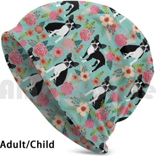 Boston Terrier Florals Pattern-Cute Dog Design , Dog , Boston Terrier Beanies Knit Hat Hip Hop Boston Terrier