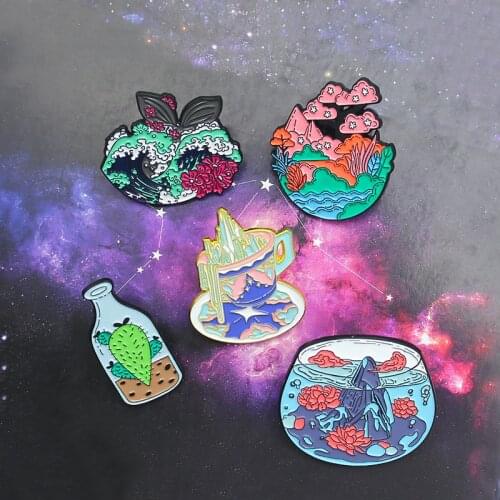 Cherry blossoms Rose Sea wave Whale Enamel Pins Custom Flowers and Plants Cactus Peak Brooch Lapel Badge Jewelry Gift for Kids