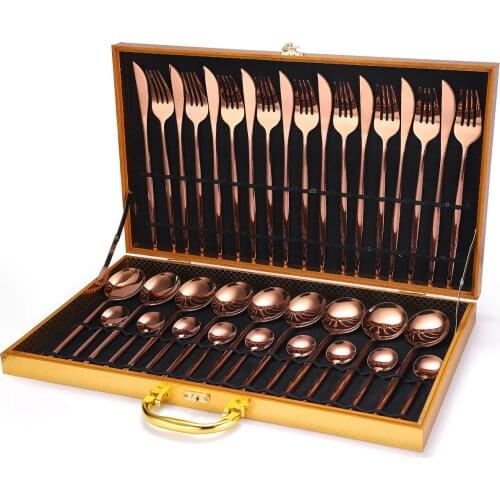 Rose Gold 36-piece Cutlery Set Fork Spoon Knife Stainless Steel Dinnerware Set Wooden Box Zero Waste Knife Fork Spoon Gift Box