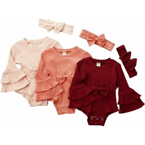 Spring Autumn Clothing Newborn Infant Baby Girl Knit Ruffle Flare Sleeve Playsuit Bow Ribbed Solid Jumpsuit Headband
