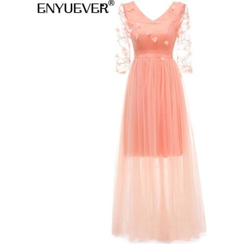 Enyuever Long Evening Party Dress Women Clothing V Neck 3/4 Sleeve Lace Embroidered Mesh Maxi Formal Gowns Runway Dinner Dress