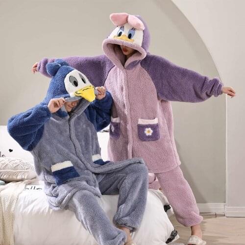 New Autumn Winter couple Hooded Women Sleepwear Robe & pants set Night Gown Flannel Warm Bathrobe Cartoon Nightdress For Adult