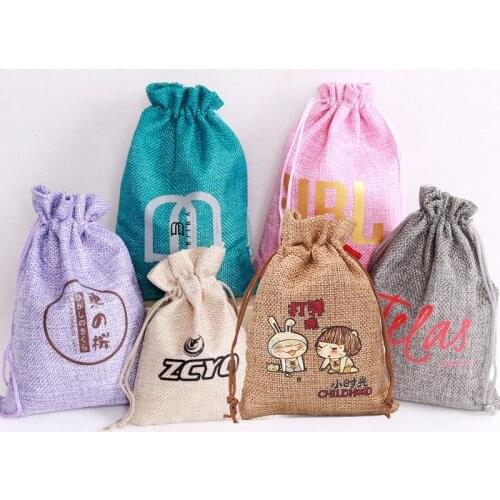 Customized Logo olive Linen jute Drawstring bag Makeup Jewelry Package Cotton Christmas wedding candy Gift Packaging Pouches