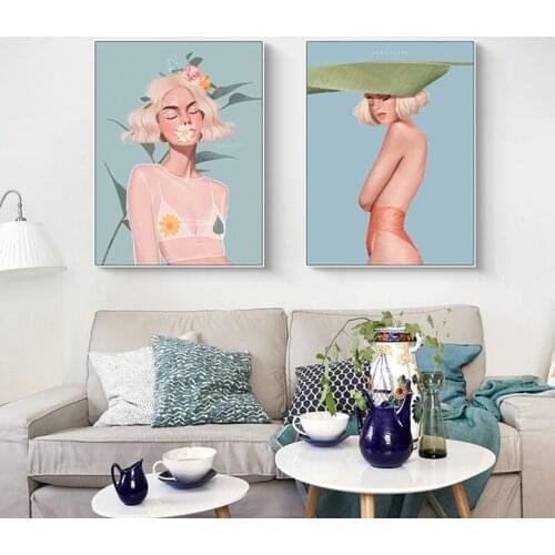 Flower And Leaves Woman Canvas Art Painting Sea Landscape Nordic Fashion Posters Prints Scandinavian Style Wall Picture For Room