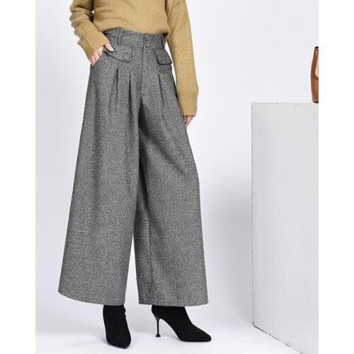 2021 Hot Pants Winter Warm Wool Womens Pants Female High Waist Pleated Wide Leg Pants Capris for Women Trousers Sweatpants