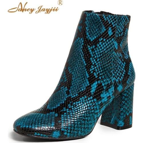 Ankle Boots 2019 Autumn Ladies Square Heel Graffiti Zipper Shoes Woman Fashion Work Ankle Round Toe Size 4-16