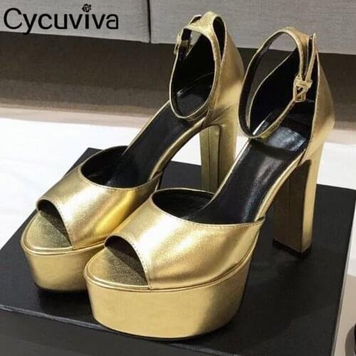New Gold Leather Platform Gladiator Sandals Women Super Chunky Heel Patry Shoes Ladies Ankle Strap Mules Sandalias Mujer 2021