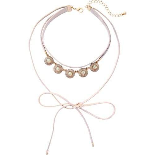 Bulk Price Crystal Round Pendant Layered Choker Necklace 2017 New Grey Leather Suede Chocker For Women Brand Jewelry