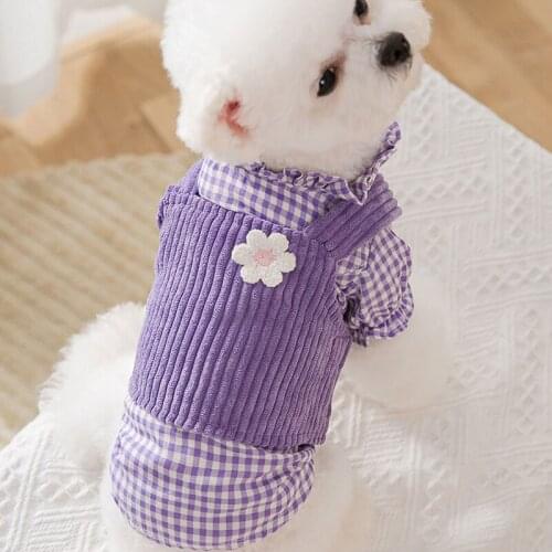 2pcs/set Puppy Dog Shirts Coats Purple Plaid Stripe Flower Print T-shirts Vests For Small Medium Dog Pet Clothes Coats Poodle