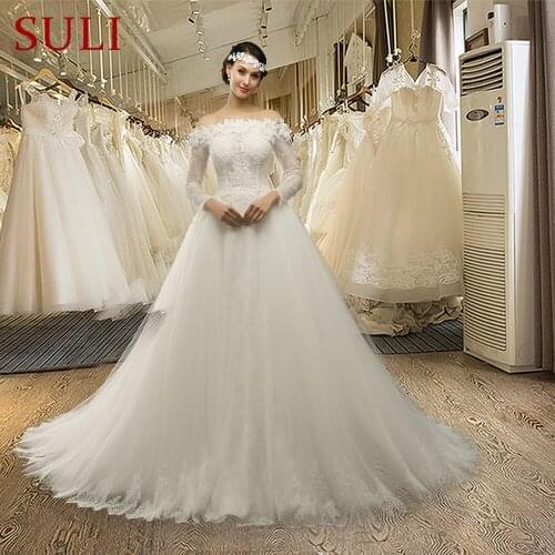 SL041 Cheap Sexy Long Chapel Train Boat Neck Tulle Full Sleeve Flower Lace Wedding Dresses