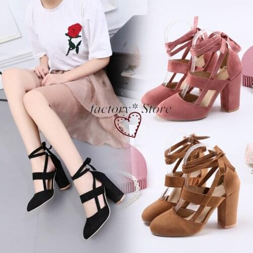 States Chunky-Heel Suede Ankle Bracelet Strap Heels qian xi dai Women Shoes Unisex Europe and the United