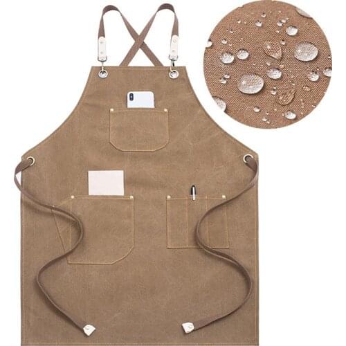 Waterproof Gray Khaki Canvas Apron Gardener Florist Work Wear Pastry Chef Cafe Barista Bartender Bistro Waitstaff Uniform K78