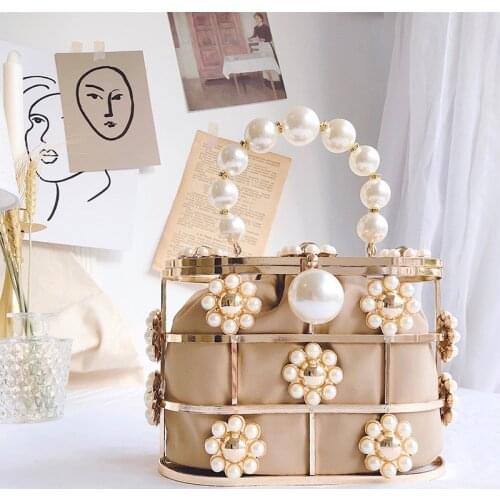 Pearl Basket Evening Clutch Bag Women Evening Bag Hollow Out Flowers Beaded Metallic Clutch Purse Korean Bucket Handbag Party