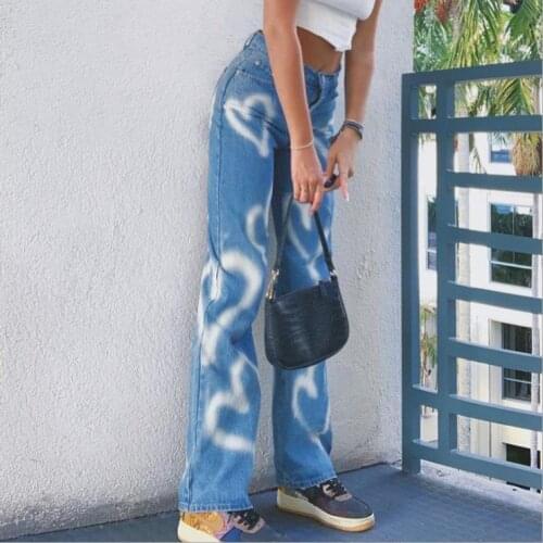 Womens Straight Leg Jeans Stylish Heart Print High Waist Long Pants Loose Casual Trousers Female Hip Hop Denim Pants Streetwear