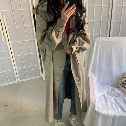 Women Long Plaid Trench Double Breasted Coat with Belt Vintage Harajuku Korean Style Long Sleeve Overcoat Elegant Autumn Winter