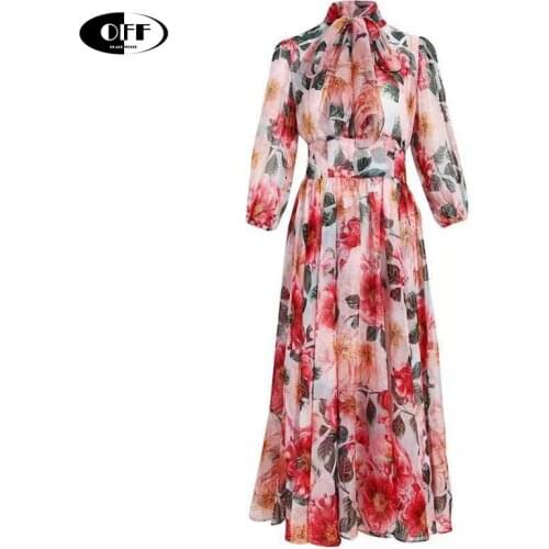 Designer Runway Midi-long Dress Summer Women Bow Collar Floral Printed Elegant Bohemia Beach Vacation Party Ladies Dresses Robes