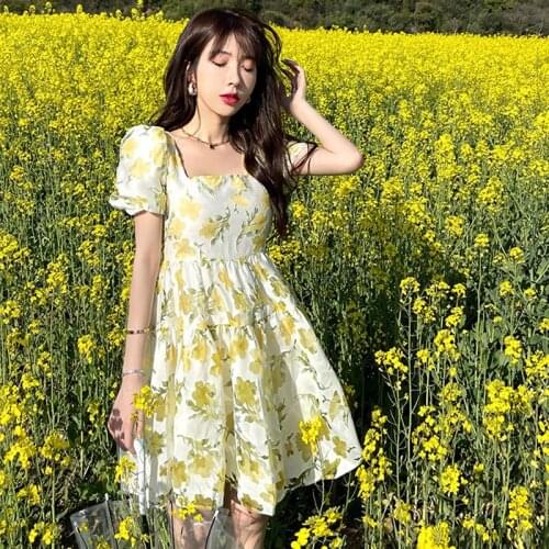 Summer womens dress 2021 Sweet fairy French first love dress with square collar and slim waist