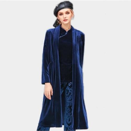 Women Velour Long Coat V-Neck Collar Full Sleeve Velvet Female Cardigan Coat long Outerwear Casual Trench Coat Plus Size M-8XL