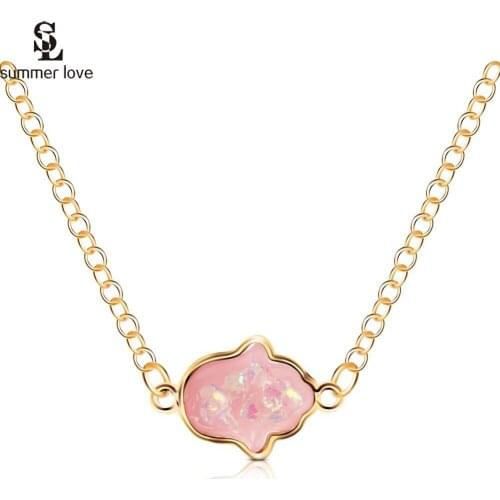 2019 New Pink Resin Stone Necklace for Women Gold Color Link Chain Hamsa Hand Pendant Necklaces Lucky Jewelry Gifts Wholesale