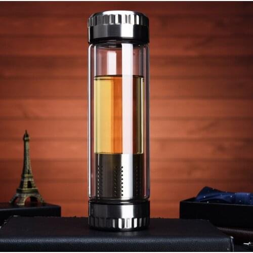 400ml Glass Water Bottle With Stainless Steel Tea Infuser Filter Business Type Drinkware Double Wall Glass Sport Water Tumbler