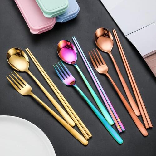 5Pcs/Set Stainless Steel Reusable Cutlery Portable Travel Chopsticks Fork Spoon Set Kitchen Tableware Set Easy To Use And Clean
