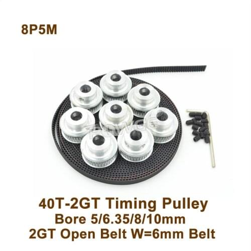 8pcs 40 Teeth 2GT Timing Belt Pulley Bore 5/6.35/8/10mm + 5meters Width 6mm GT2 Timing Belt 40T 40Teeth GT2 Pulley 40-2GT