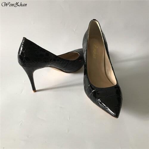 Black Women Shoes Pointed Toe Pumps Top Leather Shoes 9CM High Heels Shoes Zapatos Mujer For Business Women 36-43 WENZHAN A95-2