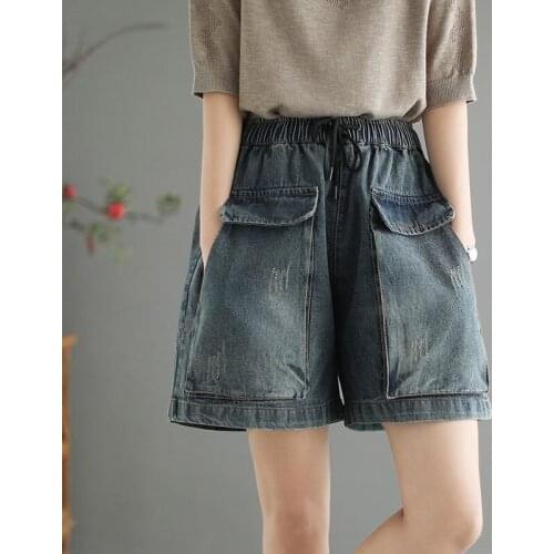 Womens Denim Shorts Big Pocket Oversize Vintage Wide Leg Short Pants Woman Summer Casual Elastic Waist Jeans Shorts 2021