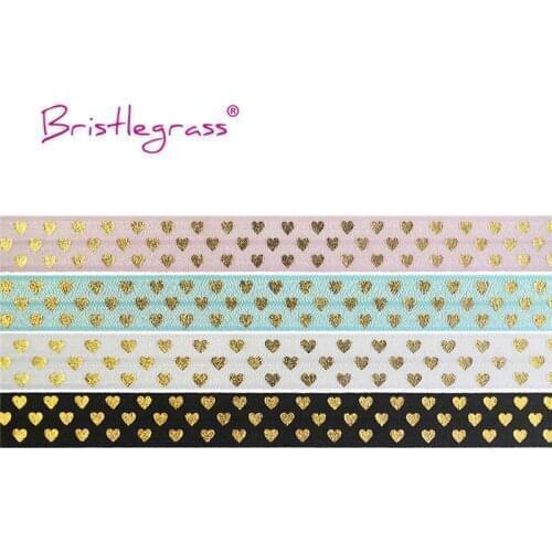 BRISTLEGRASS Wholesale 50 Yard 5/8" 15mm Gold Love Heart Foil Print Foldover Elastic FOE Spandex Band Hair Tie Dress Sewing Trim