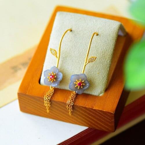 Natural Hetian Jade Earrings Womens S925 Sterling Silver Gold-Plated Fairy Mori Style Smoky Purple Earrings Flower Ornament Hy