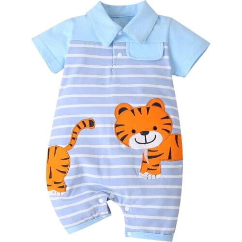 Toddler Summer Rompers Cartoon Tiger Print Stripes Turn-Down Collar Short Sleeves Jumpsuits for Baby Boys 3-18 Months