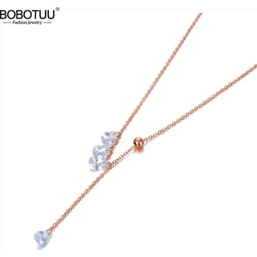 BOBOTUU Trendy Office Style Stainless Steel Water Drop CZ Crystal Choker Necklace Rose Gold Pendant Necklace For Women BN20109