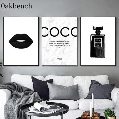 Fashion Poster Perfume Bottle Canvas Painting Black And White Wall Art Posters Lips Print Vogue Wall Pictures Living Room Decor