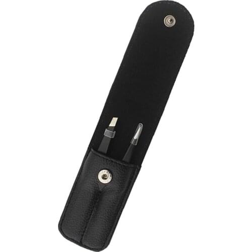 2pcs Stainless Steel Eyebrow Splinter Facial Hair Removal Precision Flat Point Tweezers Set with Leather Case, Black